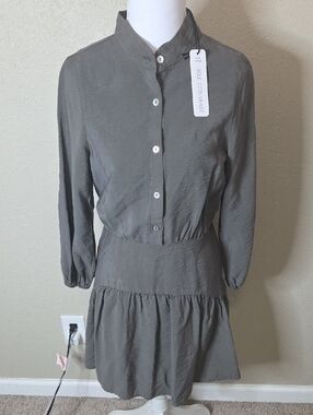 NWT Self Contrast Olive Long Sleeve Tiered Button Dress, $145.00